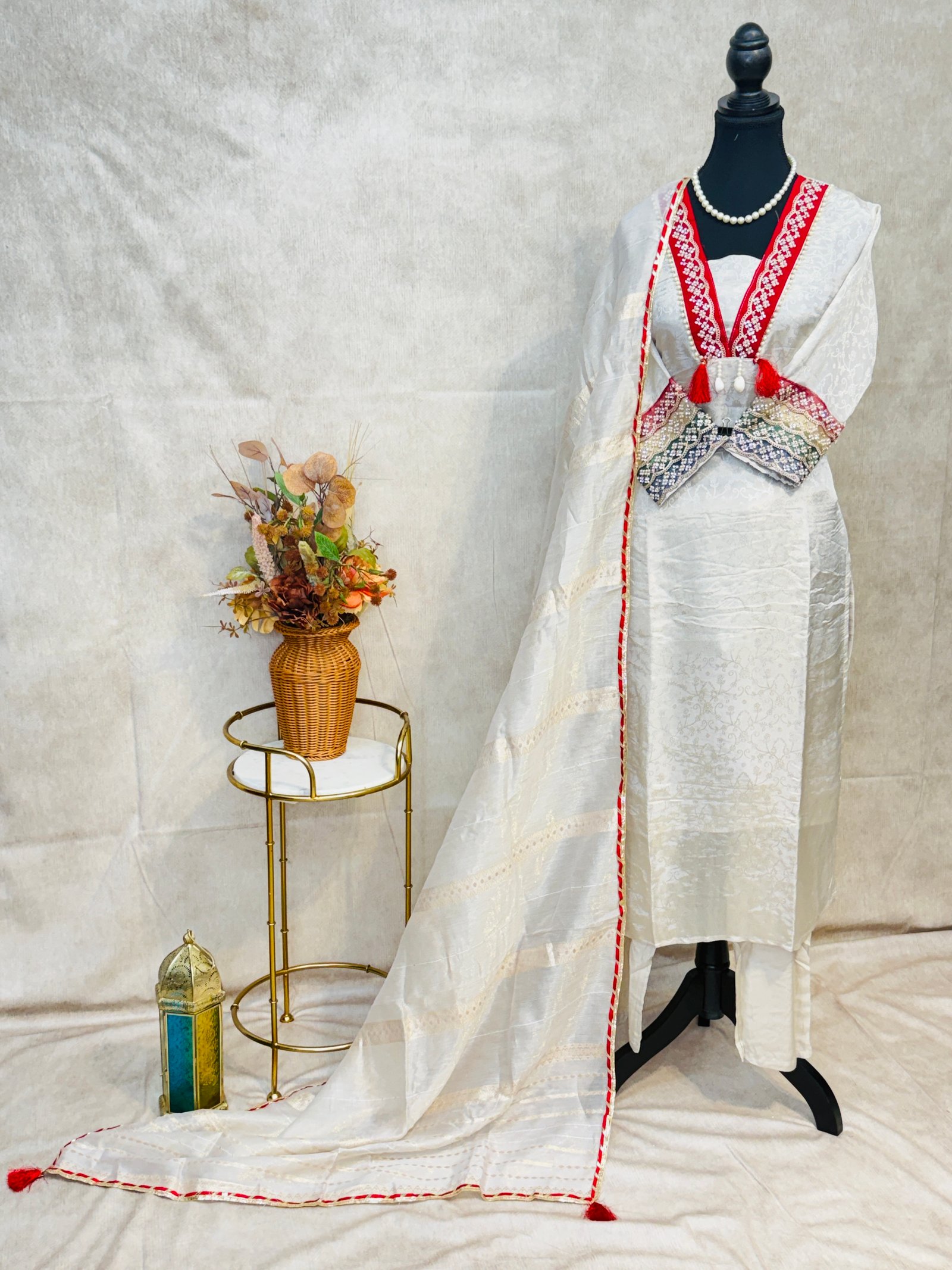 Royal Ivory White Suit with Red Lace Detailing